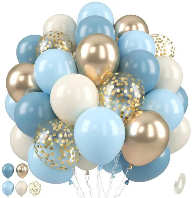 Main image of Blue Balloons, Dusty Blue for Baby Shower and Boys Birthday 50 Pcs | 12 Inch Light Baby blue Champagne Gold Sand White Latex Balloons for Bridal Showers Engagements Bachelorette Party Decoration