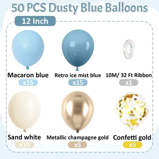Alt view image 2 of 7 - Blue Balloons, Dusty Blue for Baby Shower and Boys Birthday 50 Pcs | 12 Inch Light Baby blue Champagne Gold Sand White Latex Balloons for Bridal Showers Engagements Bachelorette Party Decoration