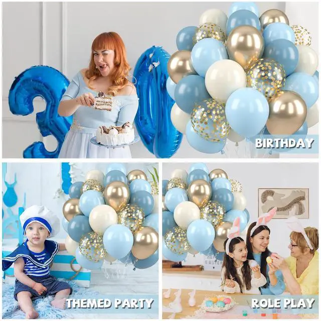 Alt view image 4 of 7 - Blue Balloons, Dusty Blue for Baby Shower and Boys Birthday 50 Pcs | 12 Inch Light Baby blue Champagne Gold Sand White Latex Balloons for Bridal Showers Engagements Bachelorette Party Decoration