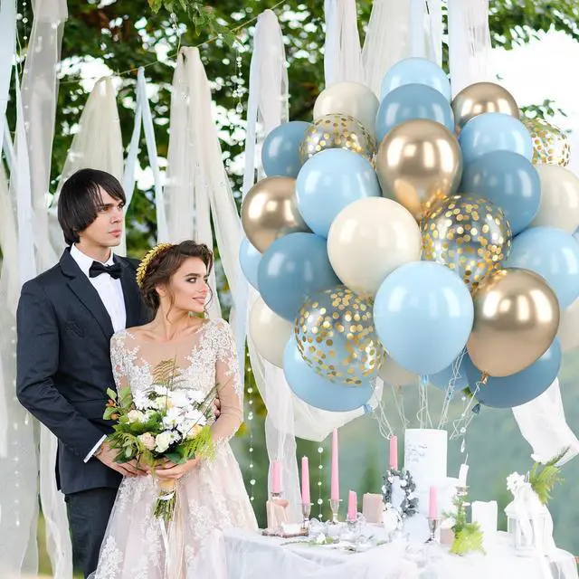 Alt view image 7 of 7 - Blue Balloons, Dusty Blue for Baby Shower and Boys Birthday 50 Pcs | 12 Inch Light Baby blue Champagne Gold Sand White Latex Balloons for Bridal Showers Engagements Bachelorette Party Decoration