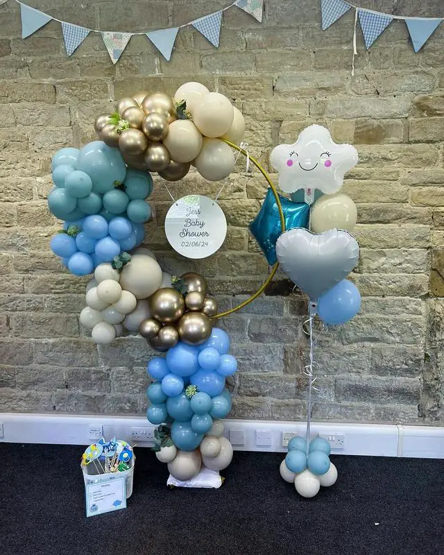 Alt view image 6 of 7 - Blue Balloons, Dusty Blue for Baby Shower and Boys Birthday 50 Pcs | 12 Inch Light Baby blue Champagne Gold Sand White Latex Balloons for Bridal Showers Engagements Bachelorette Party Decoration