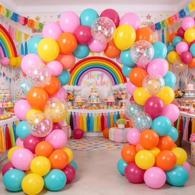Alt view image 4 of 7 - 60PC Rainbow Balloons, Colorful Balloon for Birthday Party Decorations | 12 Inch Assorted Colors Hot Pink Yellow Orange Teal Blue Confetti Balloons for Baby Shower Back to School Fancy Party Supply