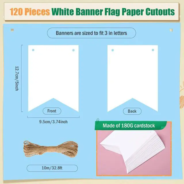 Alt view image 2 of 7 - 120 pcs Paper Banner Flags Cutouts White Swallowtail Banners Cut-Outs DIY Blank Paper Banner Die Cuts with String for School Classroom Birthday Wedding Celebration Party Supplies, 3.74 x 5 in