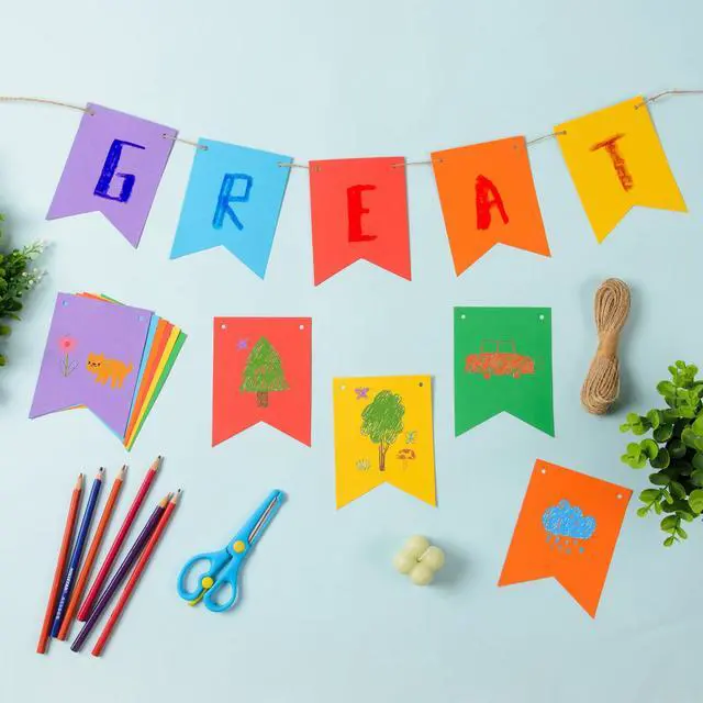Alt view image 3 of 7 - 120 pcs Paper Banner Flags Cutouts Colorful Swallowtail Banners | 3.74 x 5 in Blank Paper Banner Die Cuts with String for School Classroom Birthday Wedding Celebration Party Supplies
