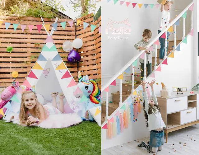 Alt view image 3 of 7 - Banner Flags Pastel - GREATRIL Colorful Triangle Banners for Birthday Easter Classroom School Carnival Garland Outdoor Burlap Bunting Party Decorations 4 Strings