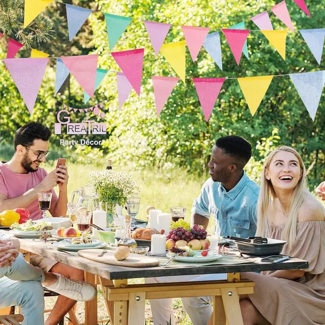 Alt view image 5 of 7 - Banner Flags Pastel - GREATRIL Colorful Triangle Banners for Birthday Easter Classroom School Carnival Garland Outdoor Burlap Bunting Party Decorations 4 Strings