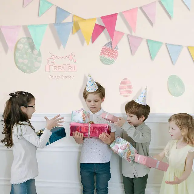 Alt view image 6 of 7 - Banner Flags Pastel - GREATRIL Colorful Triangle Banners for Birthday Easter Classroom School Carnival Garland Outdoor Burlap Bunting Party Decorations 4 Strings