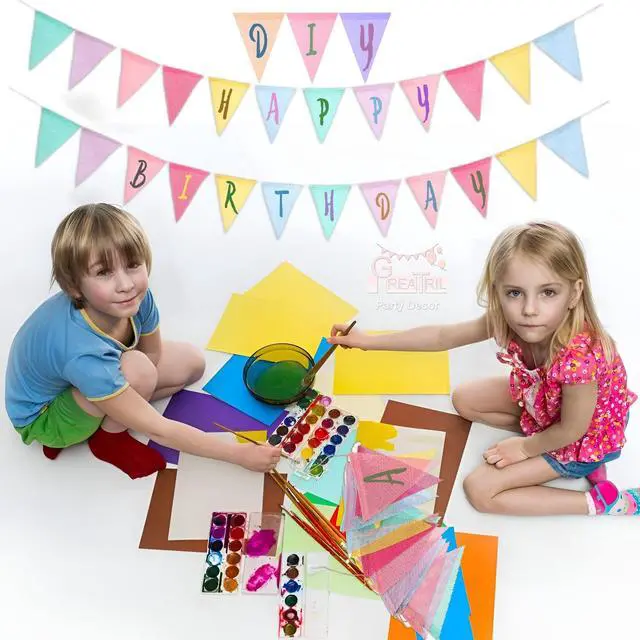 Alt view image 7 of 7 - Banner Flags Pastel - GREATRIL Colorful Triangle Banners for Birthday Easter Classroom School Carnival Garland Outdoor Burlap Bunting Party Decorations 4 Strings