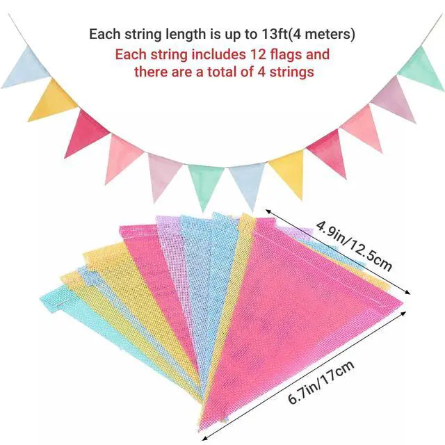 Alt view image 2 of 6 - Pennant Banner Flags Pastel, 48Pcs Colorful Triangle Bunting Flags | Bunting String Garland for Party, Baby Shower, Wedding, Birthday Decor Party Decoration, Reusable Fabric Flags(4 Strings)
