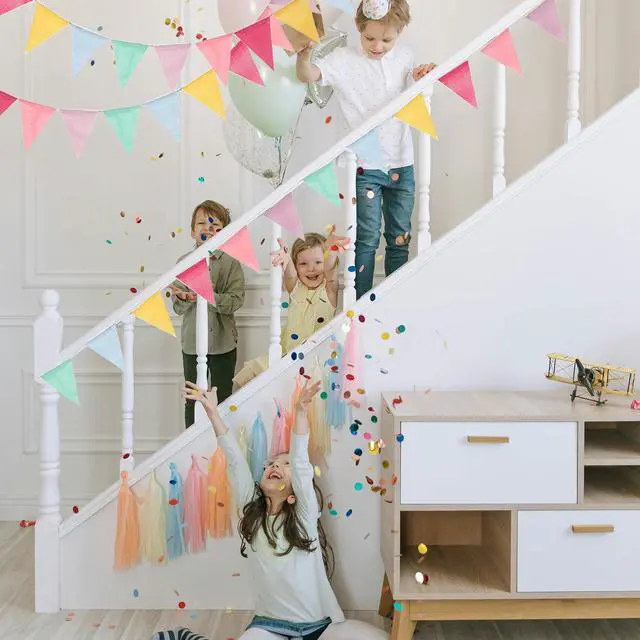 Alt view image 3 of 6 - Pennant Banner Flags Pastel, 48Pcs Colorful Triangle Bunting Flags | Bunting String Garland for Party, Baby Shower, Wedding, Birthday Decor Party Decoration, Reusable Fabric Flags(4 Strings)