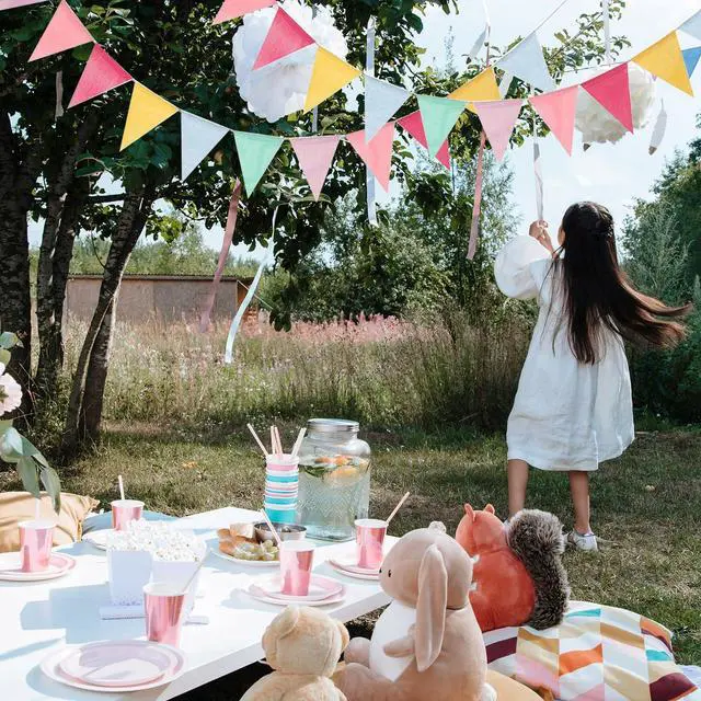 Alt view image 5 of 6 - Pennant Banner Flags Pastel, 48Pcs Colorful Triangle Bunting Flags | Bunting String Garland for Party, Baby Shower, Wedding, Birthday Decor Party Decoration, Reusable Fabric Flags(4 Strings)