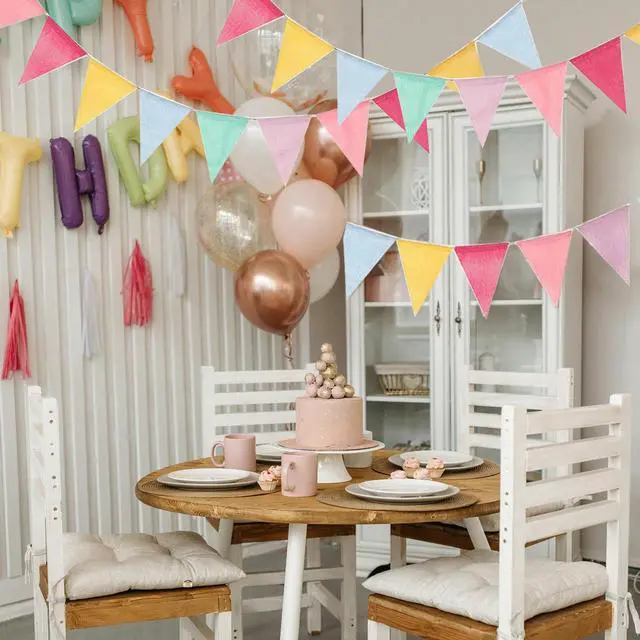 Alt view image 6 of 6 - Pennant Banner Flags Pastel, 48Pcs Colorful Triangle Bunting Flags | Bunting String Garland for Party, Baby Shower, Wedding, Birthday Decor Party Decoration, Reusable Fabric Flags(4 Strings)