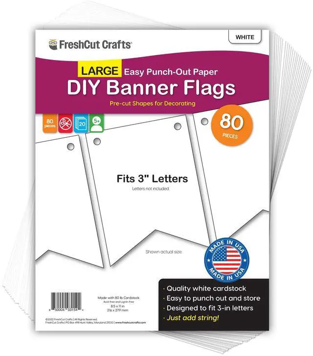 Main image of Large Pennant Banner Flags, White, 80 Piece, Classroom Decor | 3.75 x 5 inches, US-made cardstock, 2-sided, pre-punched holes, party & classroom decorations