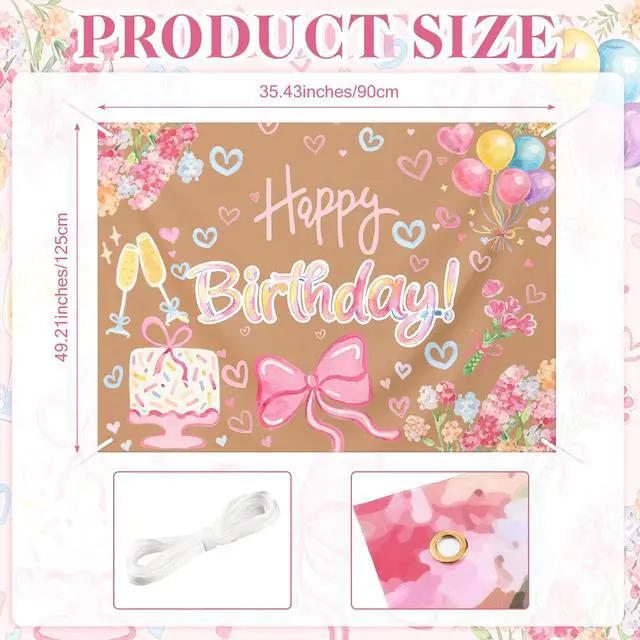 Alt view image 2 of 6 - 3x4 ft Pink Flower Backdrop, Pink Bow Kraft Paper Banner Girls | Painted Decoration for 1st Birthday Photo Props, Faux Kraft Backdrop, Pink Bow Gingham, Just Wanna Be ONE Theme Banner