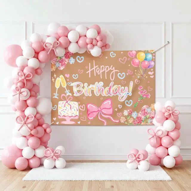 Alt view image 3 of 6 - 3x4 ft Pink Flower Backdrop, Pink Bow Kraft Paper Banner Girls | Painted Decoration for 1st Birthday Photo Props, Faux Kraft Backdrop, Pink Bow Gingham, Just Wanna Be ONE Theme Banner