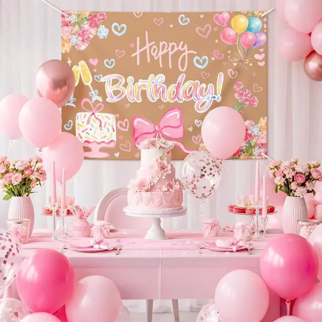 Alt view image 4 of 6 - 3x4 ft Pink Flower Backdrop, Pink Bow Kraft Paper Banner Girls | Painted Decoration for 1st Birthday Photo Props, Faux Kraft Backdrop, Pink Bow Gingham, Just Wanna Be ONE Theme Banner