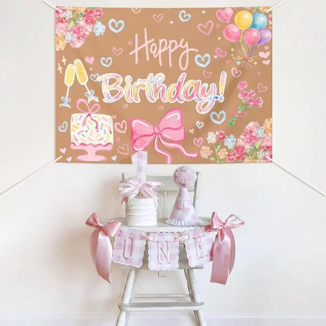 Alt view image 5 of 6 - 3x4 ft Pink Flower Backdrop, Pink Bow Kraft Paper Banner Girls | Painted Decoration for 1st Birthday Photo Props, Faux Kraft Backdrop, Pink Bow Gingham, Just Wanna Be ONE Theme Banner