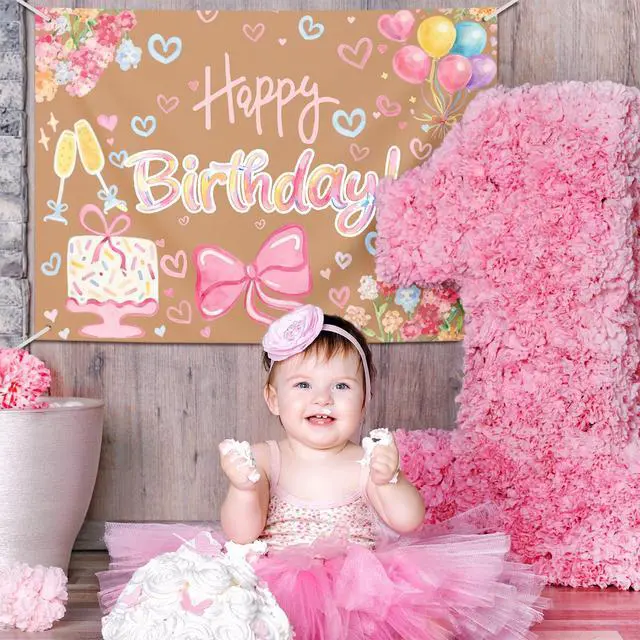 Alt view image 6 of 6 - 3x4 ft Pink Flower Backdrop, Pink Bow Kraft Paper Banner Girls | Painted Decoration for 1st Birthday Photo Props, Faux Kraft Backdrop, Pink Bow Gingham, Just Wanna Be ONE Theme Banner