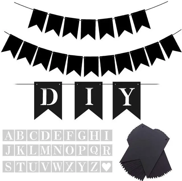 Main image of DIY Black Custom Banner Kit, Funny Customize Your Party Banner Signs, Custom Text/Phrase Banner, Paper Pennant Banner Set Include 26 Letters Stencil