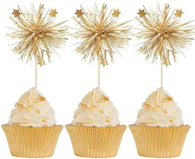 Main image of 30Pcs Foil Firework Cupcake Toppers Happy Birthday Cake Toppers Sparkle Tinsel Flower Drink Stirrers Cocktail Food Fruit Toothpicks for Valentine's Day Party Supplies Gold