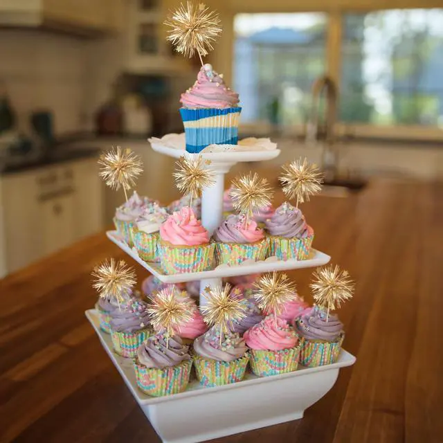 Alt view image 4 of 7 - 30Pcs Foil Firework Cupcake Toppers Happy Birthday Cake Toppers Sparkle Tinsel Flower Drink Stirrers Cocktail Food Fruit Toothpicks for Valentine's Day Party Supplies Gold