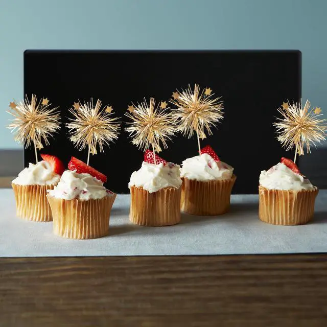 Alt view image 7 of 7 - 30Pcs Foil Firework Cupcake Toppers Happy Birthday Cake Toppers Sparkle Tinsel Flower Drink Stirrers Cocktail Food Fruit Toothpicks for Valentine's Day Party Supplies Gold