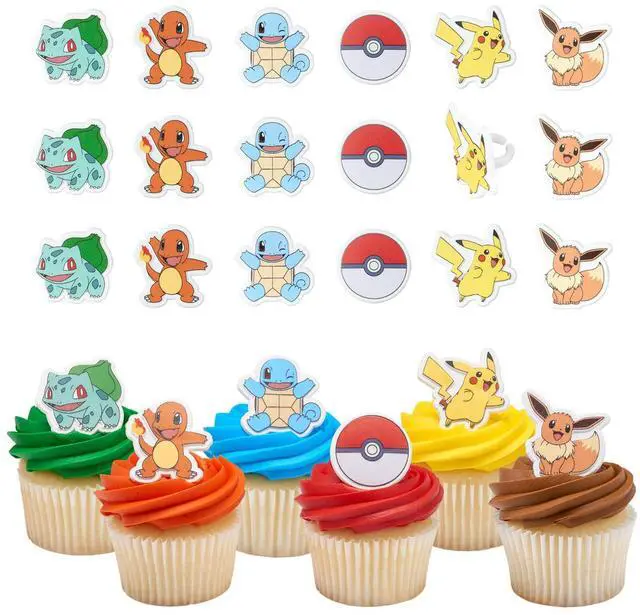 Main image of Pokémon Rings, Cupcake Decorations With Pikachu, Bulbasaur, Eevee, Charmander, Squirtle, and Poké Ball, Multicolored Food Safe Cake Toppers 24 Pack
