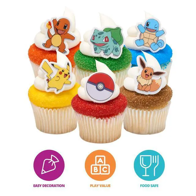Alt view image 2 of 7 - Pokémon Rings, Cupcake Decorations With Pikachu, Bulbasaur, Eevee, Charmander, Squirtle, and Poké Ball, Multicolored Food Safe Cake Toppers 24 Pack