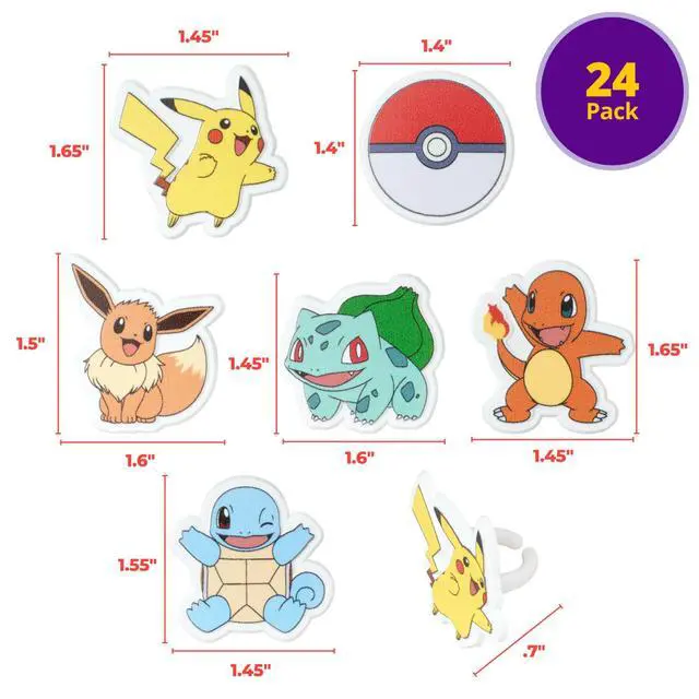 Alt view image 4 of 7 - Pokémon Rings, Cupcake Decorations With Pikachu, Bulbasaur, Eevee, Charmander, Squirtle, and Poké Ball, Multicolored Food Safe Cake Toppers 24 Pack