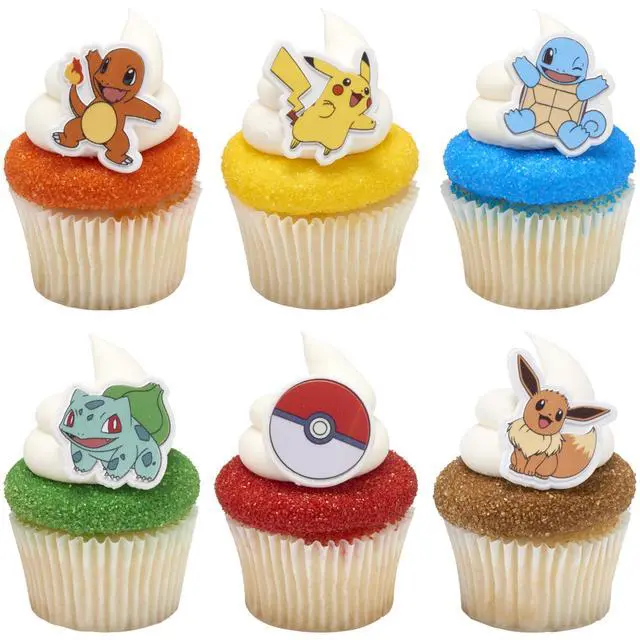 Alt view image 6 of 7 - Pokémon Rings, Cupcake Decorations With Pikachu, Bulbasaur, Eevee, Charmander, Squirtle, and Poké Ball, Multicolored Food Safe Cake Toppers 24 Pack