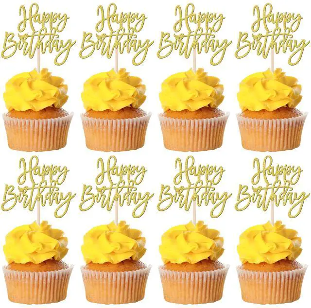 Main image of 24 PCS Happy Birthday Cupcake Toppers Glitter Picks for Celebrating Anniversary Theme Party Cake Decorations Supplies Gold