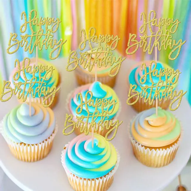 Alt view image 4 of 7 - 24 PCS Happy Birthday Cupcake Toppers Glitter Picks for Celebrating Anniversary Theme Party Cake Decorations Supplies Gold