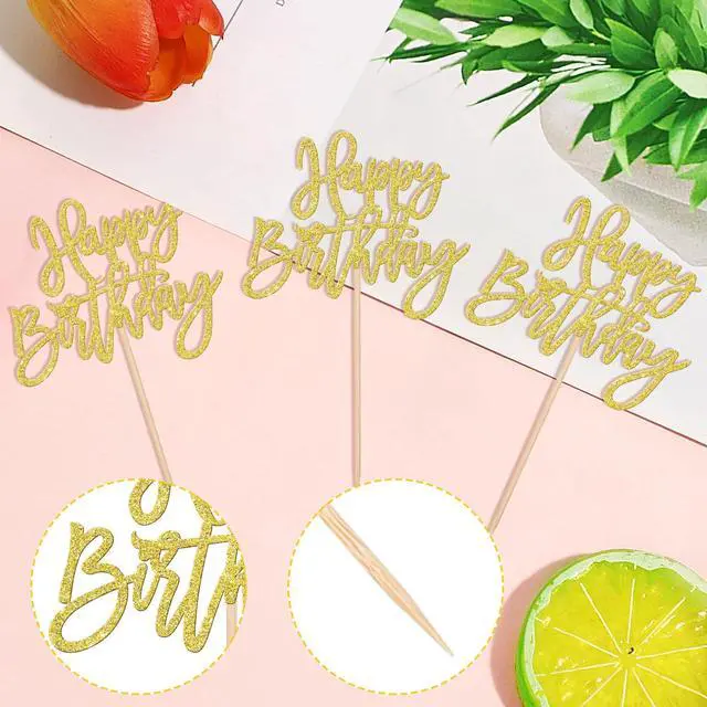 Alt view image 3 of 7 - 24 PCS Happy Birthday Cupcake Toppers Glitter Picks for Celebrating Anniversary Theme Party Cake Decorations Supplies Gold