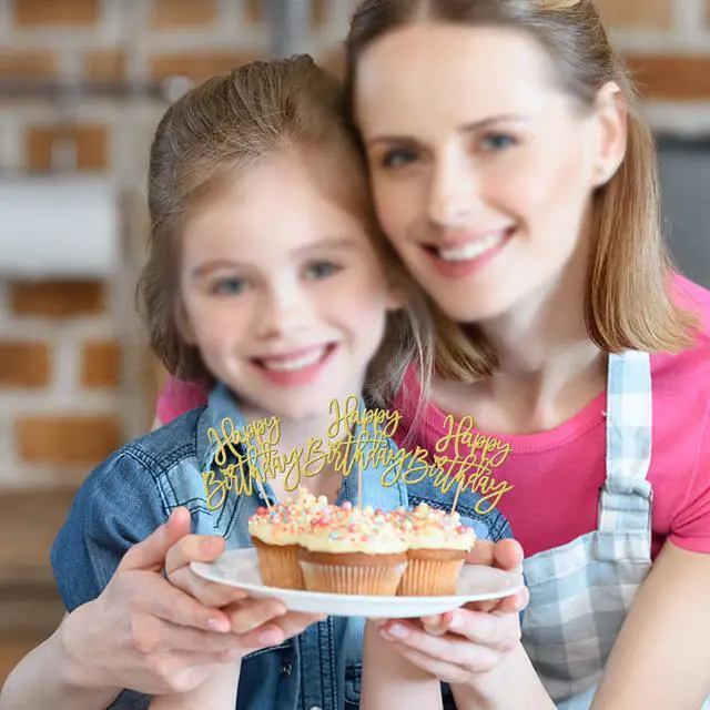 Alt view image 7 of 7 - 24 PCS Happy Birthday Cupcake Toppers Glitter Picks for Celebrating Anniversary Theme Party Cake Decorations Supplies Gold