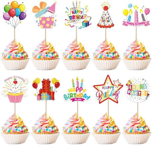 Main image of 40 PCS Happy Birthday Cupcake Toppers Balloon Star Cheers Party Time Firework Cupcake Pciks Happy Birthday Cake Decorations for Celebrating Anniversary Theme Party Cake Decorations Supplies Colorful