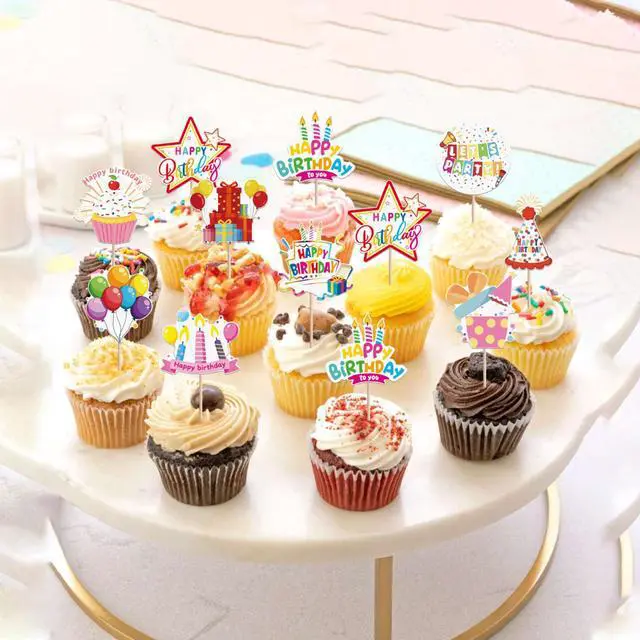 Alt view image 4 of 7 - 40 PCS Happy Birthday Cupcake Toppers Balloon Star Cheers Party Time Firework Cupcake Pciks Happy Birthday Cake Decorations for Celebrating Anniversary Theme Party Cake Decorations Supplies Colorful