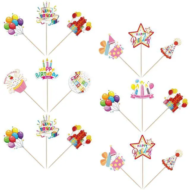 Alt view image 3 of 7 - 40 PCS Happy Birthday Cupcake Toppers Balloon Star Cheers Party Time Firework Cupcake Pciks Happy Birthday Cake Decorations for Celebrating Anniversary Theme Party Cake Decorations Supplies Colorful