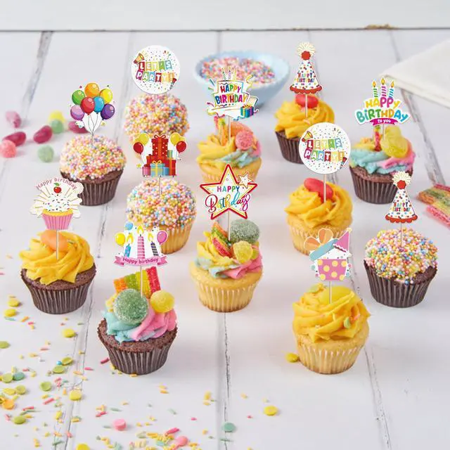 Alt view image 6 of 7 - 40 PCS Happy Birthday Cupcake Toppers Balloon Star Cheers Party Time Firework Cupcake Pciks Happy Birthday Cake Decorations for Celebrating Anniversary Theme Party Cake Decorations Supplies Colorful