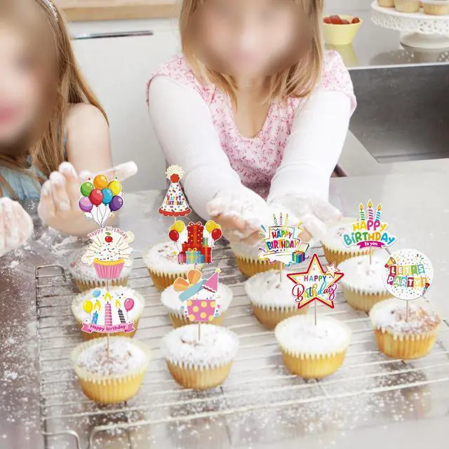 Alt view image 7 of 7 - 40 PCS Happy Birthday Cupcake Toppers Balloon Star Cheers Party Time Firework Cupcake Pciks Happy Birthday Cake Decorations for Celebrating Anniversary Theme Party Cake Decorations Supplies Colorful