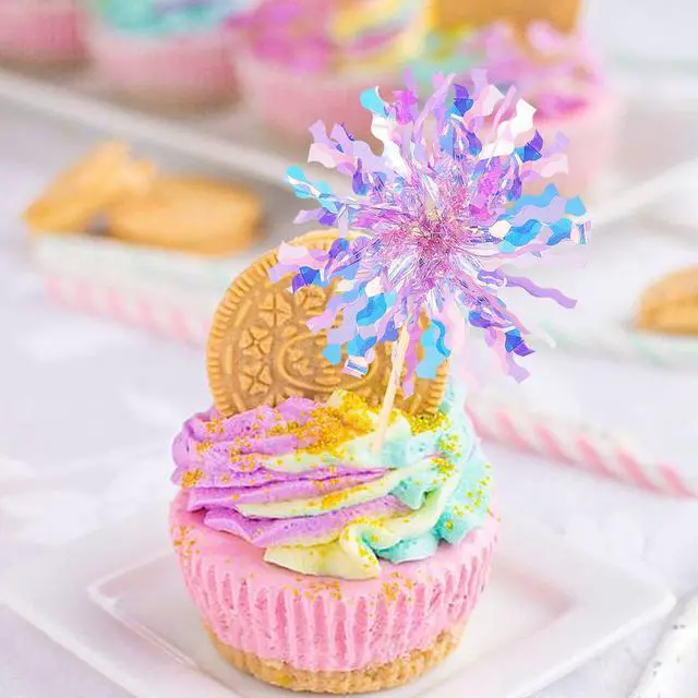 Alt view image 4 of 7 - 30 PCS Foil Firework Cupcake Toppers Sparkle Tinsel Cupcake Picks Happy Birthday Cake Toppers Drink Stirrers Cocktail Food Fruit Toothpicks for Baby Shower Birthday Party Decorations Supplies Purple