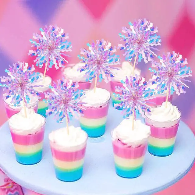 Alt view image 5 of 7 - 30 PCS Foil Firework Cupcake Toppers Sparkle Tinsel Cupcake Picks Happy Birthday Cake Toppers Drink Stirrers Cocktail Food Fruit Toothpicks for Baby Shower Birthday Party Decorations Supplies Purple
