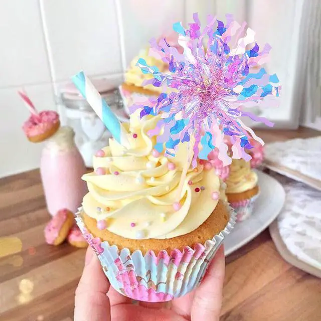 Alt view image 7 of 7 - 30 PCS Foil Firework Cupcake Toppers Sparkle Tinsel Cupcake Picks Happy Birthday Cake Toppers Drink Stirrers Cocktail Food Fruit Toothpicks for Baby Shower Birthday Party Decorations Supplies Purple