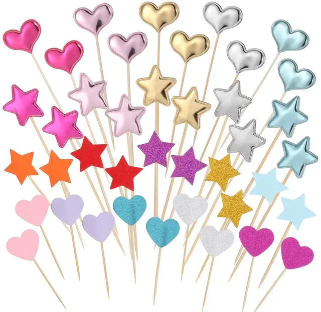 Main image of 40 Pcs Glitter Heart Cupcake Toppers Colorful Little Star Decorations Rainbow Cake Toppers Heart and Star Cakes Topper Party Accessories for Birthday Wedding Party Cakes Supply Bright Valentines