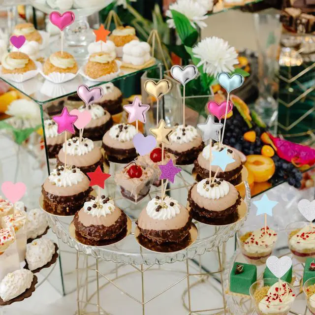Alt view image 5 of 7 - 40 Pcs Glitter Heart Cupcake Toppers Colorful Little Star Decorations Rainbow Cake Toppers Heart and Star Cakes Topper Party Accessories for Birthday Wedding Party Cakes Supply Bright Valentines