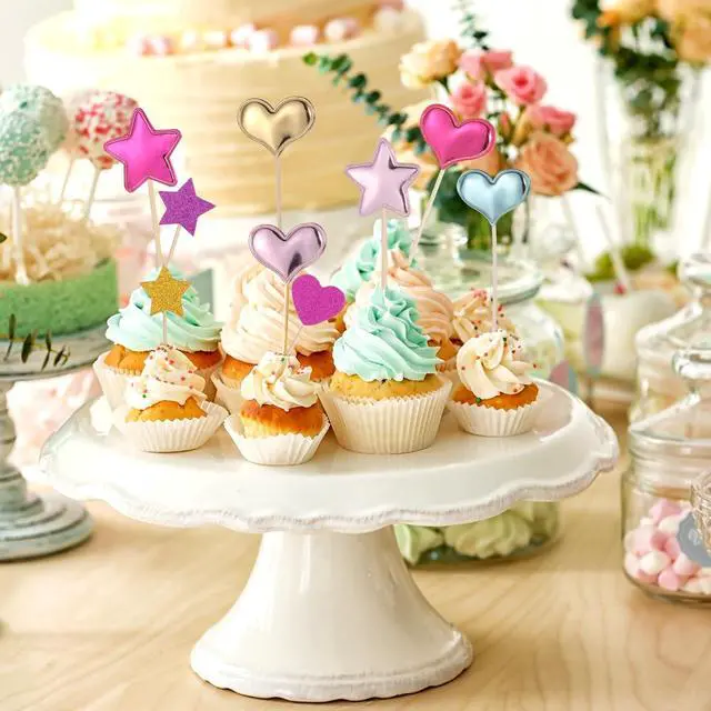 Alt view image 6 of 7 - 40 Pcs Glitter Heart Cupcake Toppers Colorful Little Star Decorations Rainbow Cake Toppers Heart and Star Cakes Topper Party Accessories for Birthday Wedding Party Cakes Supply Bright Valentines