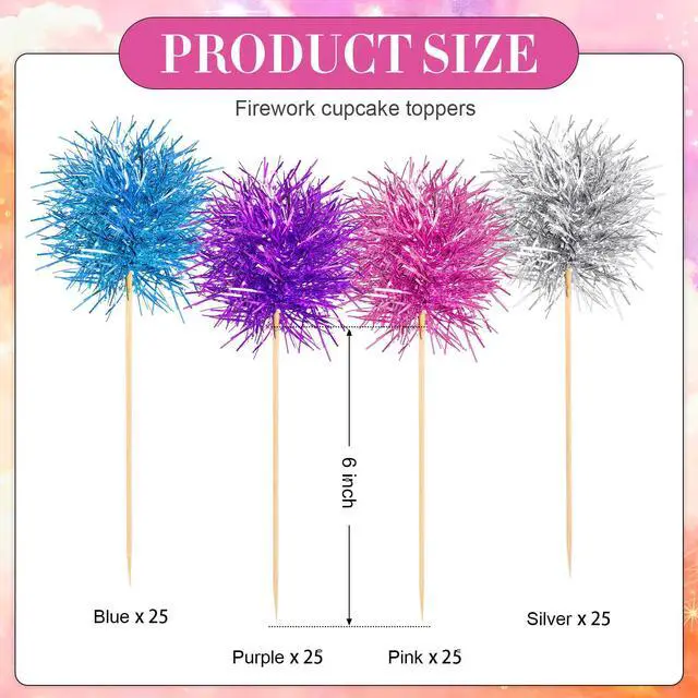Alt view image 2 of 7 - 100 Pcs Cupcake Toppers Classic,Pink, Purple, Silver, Blue | Summer Party,Firework Foil Design, Sparkle Decoration, Cocktail Fruit Picks, Birthday Wedding Graduation Party Use