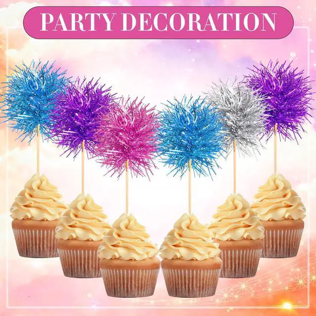 Alt view image 3 of 7 - 100 Pcs Cupcake Toppers Classic,Pink, Purple, Silver, Blue | Summer Party,Firework Foil Design, Sparkle Decoration, Cocktail Fruit Picks, Birthday Wedding Graduation Party Use