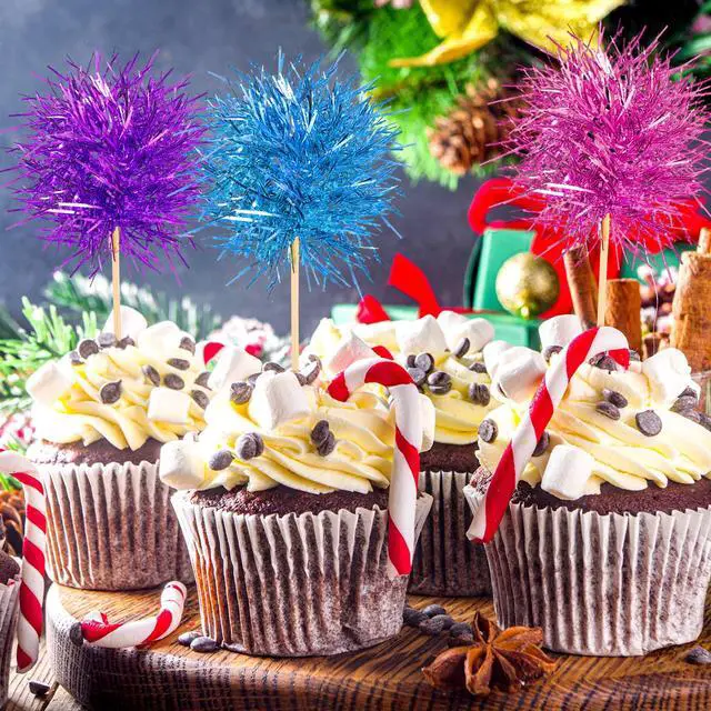 Alt view image 4 of 7 - 100 Pcs Cupcake Toppers Classic,Pink, Purple, Silver, Blue | Summer Party,Firework Foil Design, Sparkle Decoration, Cocktail Fruit Picks, Birthday Wedding Graduation Party Use