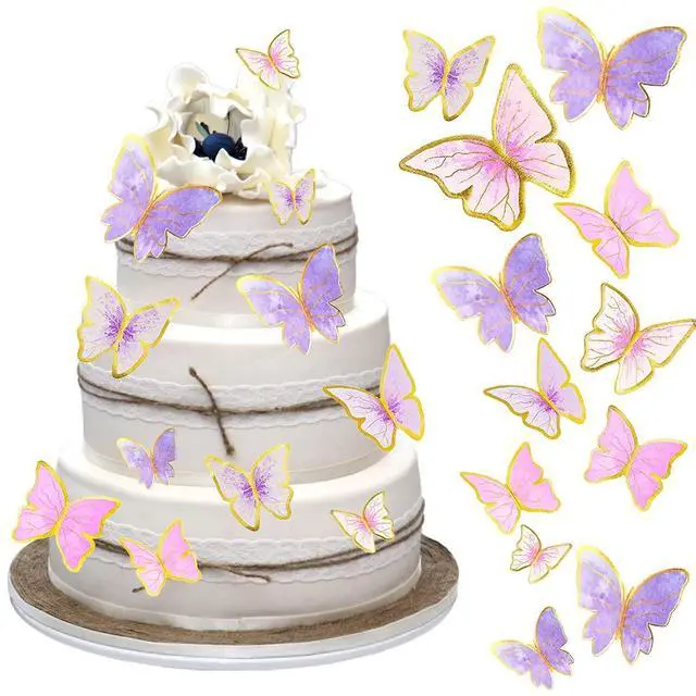 Main image of 60Pcs Butterfly Cupcake Topper Pink Purple Gold Butterflies | Lively 3D Butterflies for Cake Decor Birthday Anniversary Kids Wedding Girl Women Party Wall Food