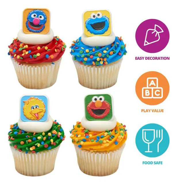 Alt view image 2 of 7 - Sesame Street Rings, 24 Cupcake Toppers Featuring Elmo, Big Bird, Cookie Monster, Grover, Bright Colorful Cupcake Decorations, Food Safe - 24 Pack